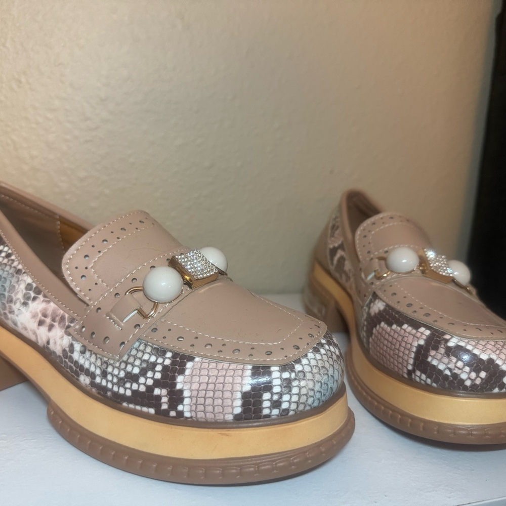 Stylish Beige and Snake Print Loafers
